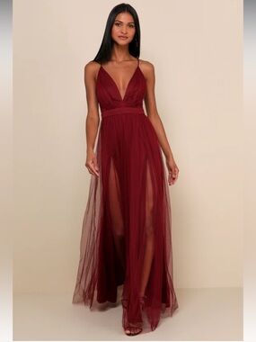 Lulus Rare Beauty Burgundy Tulle Backless Maxi Dress Size S
